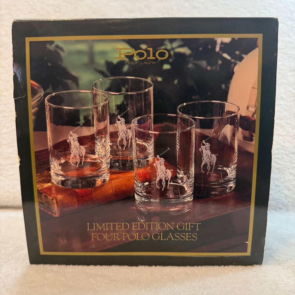 Ralph Lauren Polo Rocks Glasses Set of 4 Etched Logo Vintage Barware Made in USA